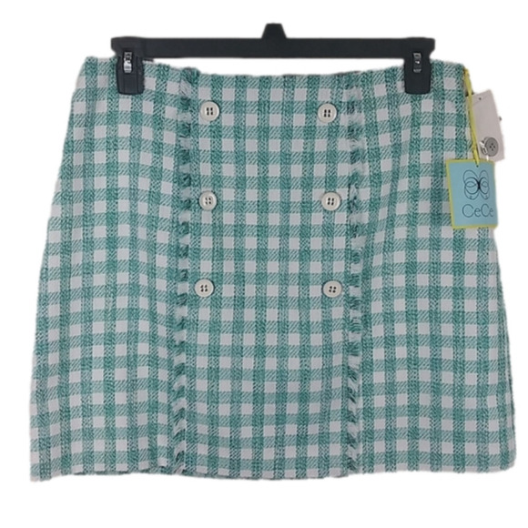 Cece Soft Ecru Green Teal Tweed Gingham Fringed Detail Side Zipper Mini Skirt - Picture 1 of 11